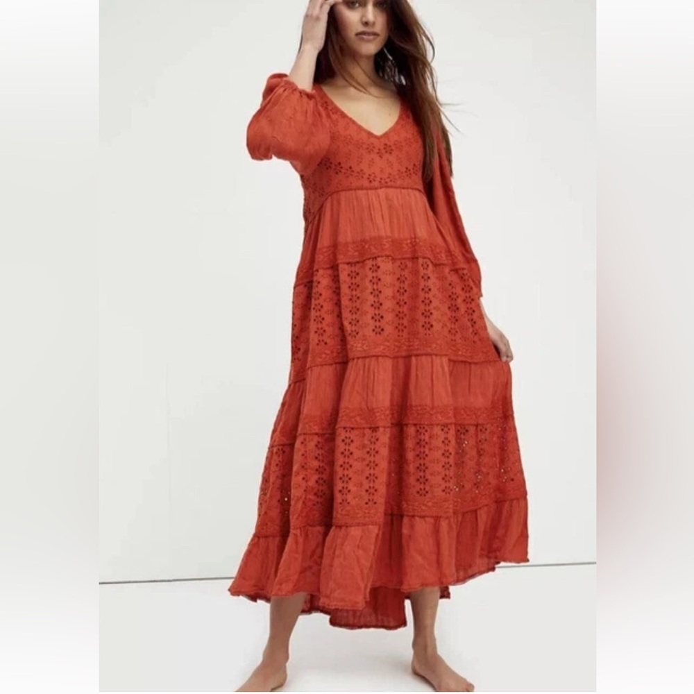 Free People Mockingbird Eyelet Tiered Maxi Dress S Burnt Orange V-Neck Boho